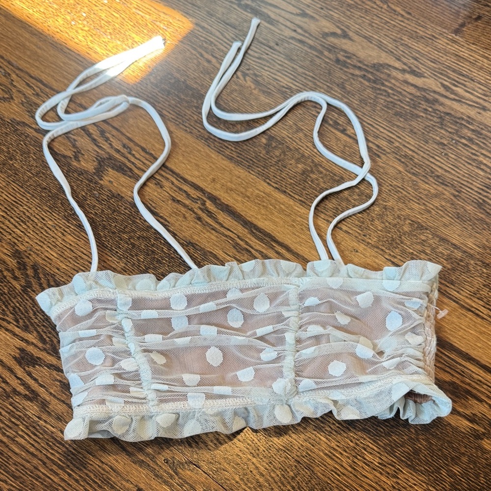 MAJORELLE White Polka Dot Sheer Ruffled Crop Top